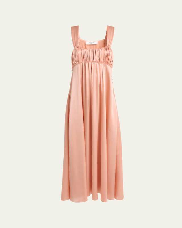 Sleeveless Shirred Silk Satin Midi Dress